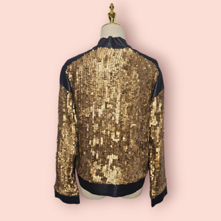 MANNING CARTEL - GOLD SEQUIN & 100% Silk Georgette Contrast Bomber Style Jacket est. RRP $699