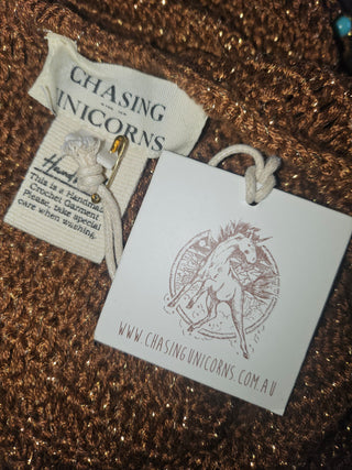 CHASING UNICORNS - CROTCHET BROWN DRESS WITH GOLD METALLIC THREAD & TURQUOISE FRINGE BEADING Est. Retail Price $340 BNWT