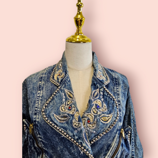 VINTAGE - 80'S DENIM ACID WASH EMBELLISHED CROPPED DENIM JACKET