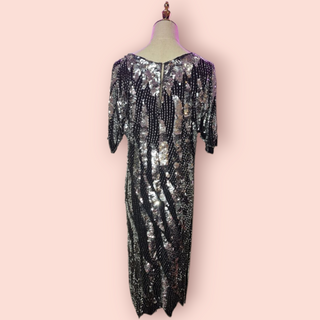 VINTAGE - 80s HAND SEWN SEQUIN AND BEAD EMBELLISHED SILK DRESS