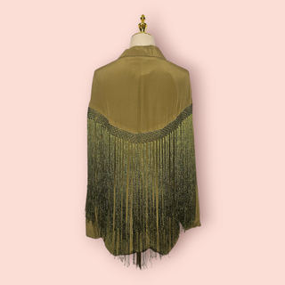 CHASING UNICORNS - Olive Green 100% Silk Casual Fringe Jacket est RRP $429 NWT