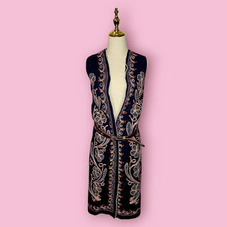 VINTAGE - 1960'S Long Open Handsewn EMBROIDERED Wool VEST/COAT