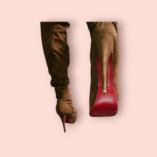 CHRISTIAN LOUBOUTIN - AUTHENTIC LOUISE XI 120 LIGHT BROWN SUEDE CALFSKIN THIGH HIGH STILLETO PLATFORM BOOTS est. RRP $3879