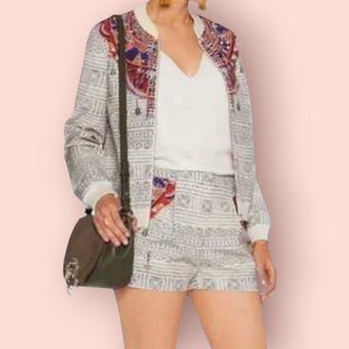 CAMILLA - 'LOST PARADISE FAILLE' Stretch Bomber Jacket est. RRP $540