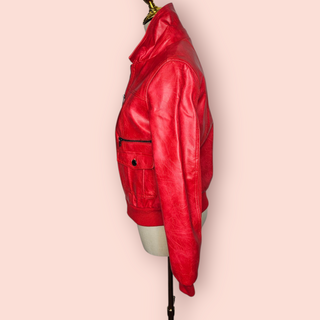 DESIGUAL - FIRE RED FAUX LEATHER BOMBER JACKET est. RRP $260