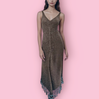 CHASING UNICORNS - CROTCHET BROWN DRESS WITH GOLD METALLIC THREAD & TURQUOISE FRINGE BEADING Est. Retail Price $340 BNWT