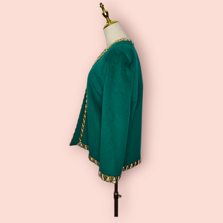 VINTAGE - Green Wool Open Coat with Gold Metallic Thread & Gold Leather Triangle Design