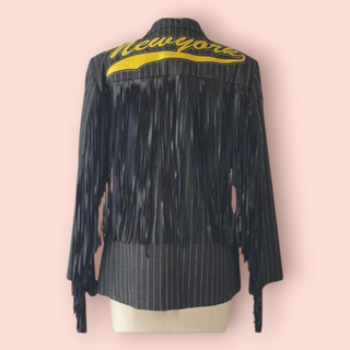 COOPER - 'EMPIRE STATE OF MIND NEWYORK' stripped fringed jacket est. RRP $690