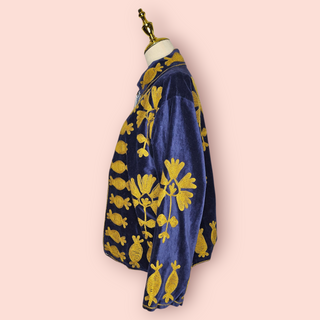 BOHO LUXE - Navy Blue Open Style Lightweight Velvet Jacket with Tan Flower Handsewn Embroidery NEW