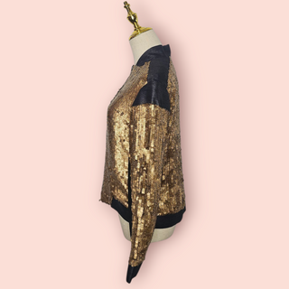 MANNING CARTEL - GOLD SEQUIN & 100% Silk Georgette Contrast Bomber Style Jacket est. RRP $699