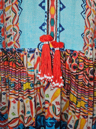 HEMANT & NADITA - Embellished Turquoise Multicolour Maxi Dress with off the Shoulder Sleeves Est. RRP $579