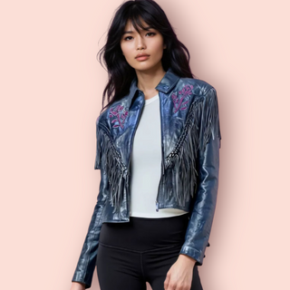 VINTAGE - HUDSON BLACK LEATHER FRINGED JACKET WITH FLOWER DETAIL CUTOUTS US IMPORT