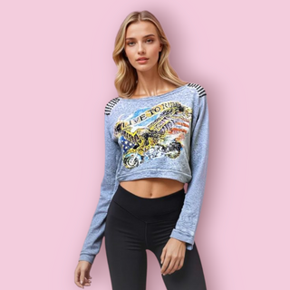 SPELL - RARE 'LIVE TO RIDE' CROPPED STUDDED EMBELLISHED SWEATER