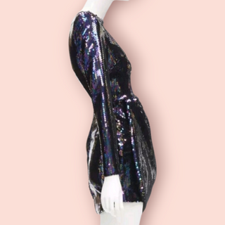 ALEX PERRY - IRIS PETROL BLUE SEQUINS SHOULDER PADDED DRAPED MINI DRESS IN PETROL BLUE RRP $6940