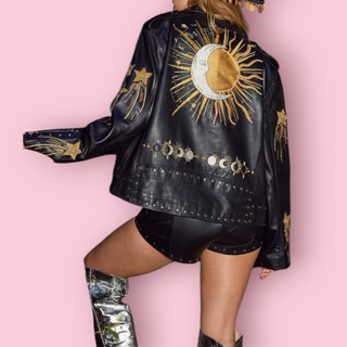 NASTY GAL-STAR & MOON EMBROIDED LEATHER JACKET & MATCHING SHORTS SET NWT RETAIL $1700
