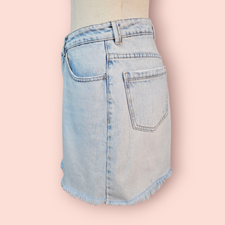 THRILLS - Light Denim High Waisted Raw Hem Skirt RRP $107