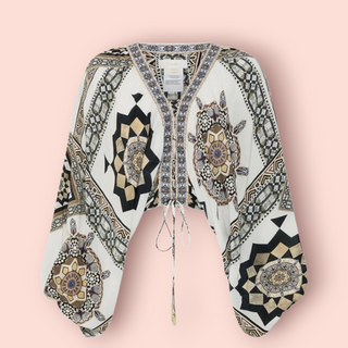 CAMILLA - Lace Up Front Tile Style Bohemian Blouse RRP $579 NWT