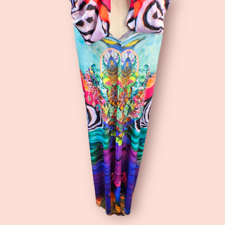 CAMILLA - Vintage Multicoloured Plunge Neck & Stretch Maxi Dress est. RRP $ 620