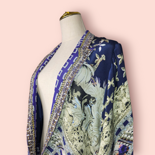 CAMILLA - 'A LITTLE PAST TWILIGHT' Silk Coat Short Front Long Back est. RRP $799 NWT