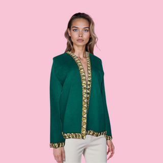 VINTAGE - Green Wool Open Coat with Gold Metallic Thread & Gold Leather Triangle Design