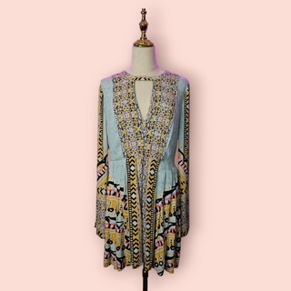 FREE PEOPLE - TEGAN BORDER PRINTED MINI DRESS V-NECK RRP $149 BNWT