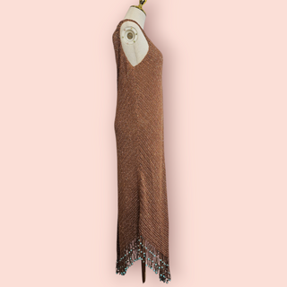 CHASING UNICORNS - CROTCHET BROWN DRESS WITH GOLD METALLIC THREAD & TURQUOISE FRINGE BEADING Est. Retail Price $340 BNWT