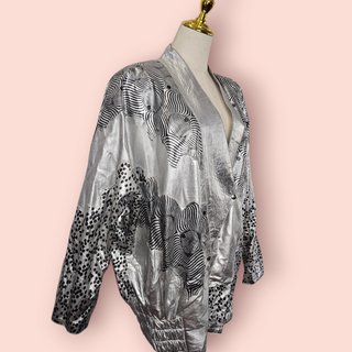 VINTAGE DESIGNER ROBERTO CAVALLI 80'S OVERSIZED SILVER JACKET WITH ANIMAL PRINT DESIGN US IMPORT