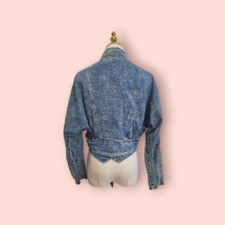 VINTAGE - 80'S DENIM ACID WASH EMBELLISHED CROPPED DENIM JACKET