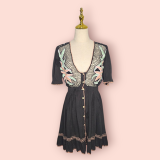 CHASING UNICORNS - 70,s Inspired Handmade Embroidered Cotton Mini Dress RRP $349