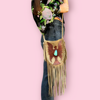 BUFFALO GIRL - VINTAGE PHEONIX LEATHER TOOLED SUEDE FRINGE HANDBAG RRP $850