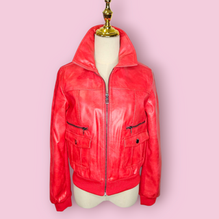 DESIGUAL - FIRE RED FAUX LEATHER BOMBER JACKET est. RRP $260