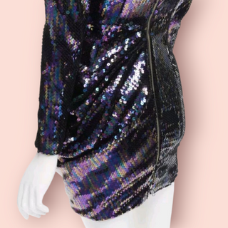 ALEX PERRY - IRIS PETROL BLUE SEQUINS SHOULDER PADDED DRAPED MINI DRESS IN PETROL BLUE RRP $6940