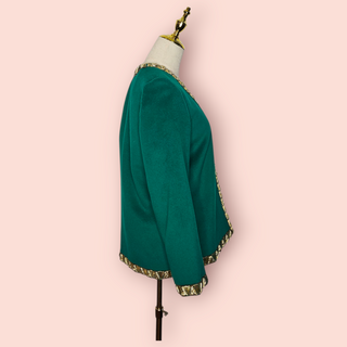 VINTAGE - Green Wool Open Coat with Gold Metallic Thread & Gold Leather Triangle Design