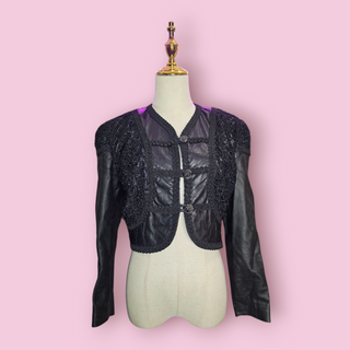 GEORGE GROSS - VINTAGE 80s LEATHER BOLERO WITH LACE TRIMMING