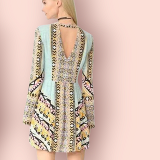 FREE PEOPLE - TEGAN BORDER PRINTED MINI DRESS V-NECK RRP $149 BNWT