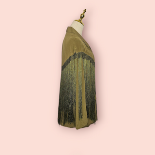 CHASING UNICORNS - Olive Green 100% Silk Casual Fringe Jacket est RRP $429 NWT