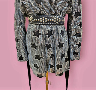 NASTY GAL - 'STAR SEQUIN PLUNGE NECK FRINGE ROMPER' Est. retail Price $230