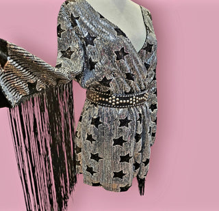 NASTY GAL - 'STAR SEQUIN PLUNGE NECK FRINGE ROMPER' Est. retail Price $230