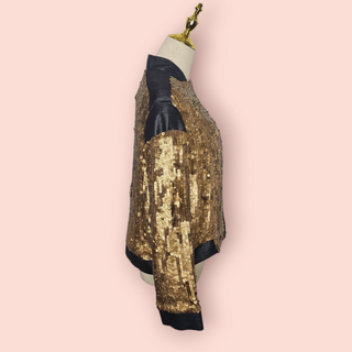 MANNING CARTEL - GOLD SEQUIN & 100% Silk Georgette Contrast Bomber Style Jacket est. RRP $699