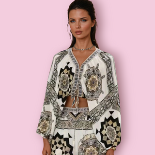 CAMILLA - Lace Up Front Tile Style Bohemian Blouse RRP $579 NWT