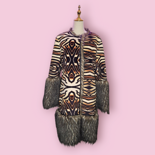 CUSTO BARCELONA - VINTAGE EUROPEON ANIMAL PRINTED SUEDE LIKE COAT WITH FAUX FUR TRIM & LINING est. RRP AU $1200