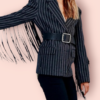 COOPER - 'EMPIRE STATE OF MIND NEWYORK' stripped fringed jacket est. RRP $690