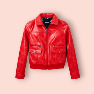 DESIGUAL - FIRE RED FAUX LEATHER BOMBER JACKET est. RRP $260