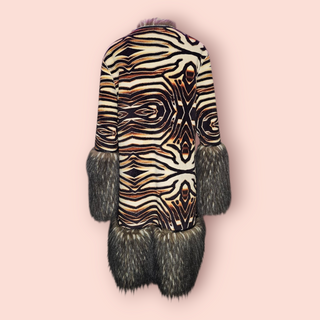 CUSTO BARCELONA - VINTAGE EUROPEON ANIMAL PRINTED SUEDE LIKE COAT WITH FAUX FUR TRIM & LINING est. RRP AU $1200