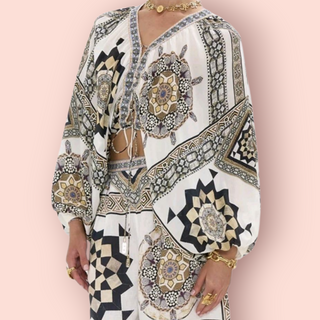 CAMILLA - Lace Up Front Tile Style Bohemian Blouse RRP $579 NWT