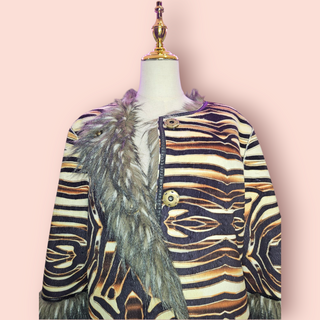 CUSTO BARCELONA - VINTAGE EUROPEON ANIMAL PRINTED SUEDE LIKE COAT WITH FAUX FUR TRIM & LINING est. RRP AU $1200