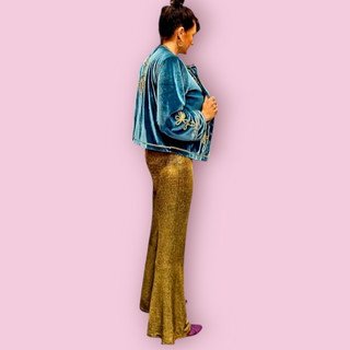 NINE LIVES BAZAAR - HENDRIX GOLD METALLIC FLARED PANTS est. RRP $169
