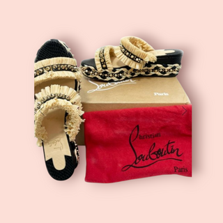 CHRISTIAN LOUBOUTIN - 'VOLTINOUDOU' Raffia Studded Platform Wedge Sandals RRP $1395