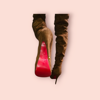 CHRISTIAN LOUBOUTIN - AUTHENTIC LOUISE XI 120 LIGHT BROWN SUEDE CALFSKIN THIGH HIGH STILLETO PLATFORM BOOTS est. RRP $3879