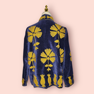 BOHO LUXE - Navy Blue Open Style Lightweight Velvet Jacket with Tan Flower Handsewn Embroidery NEW